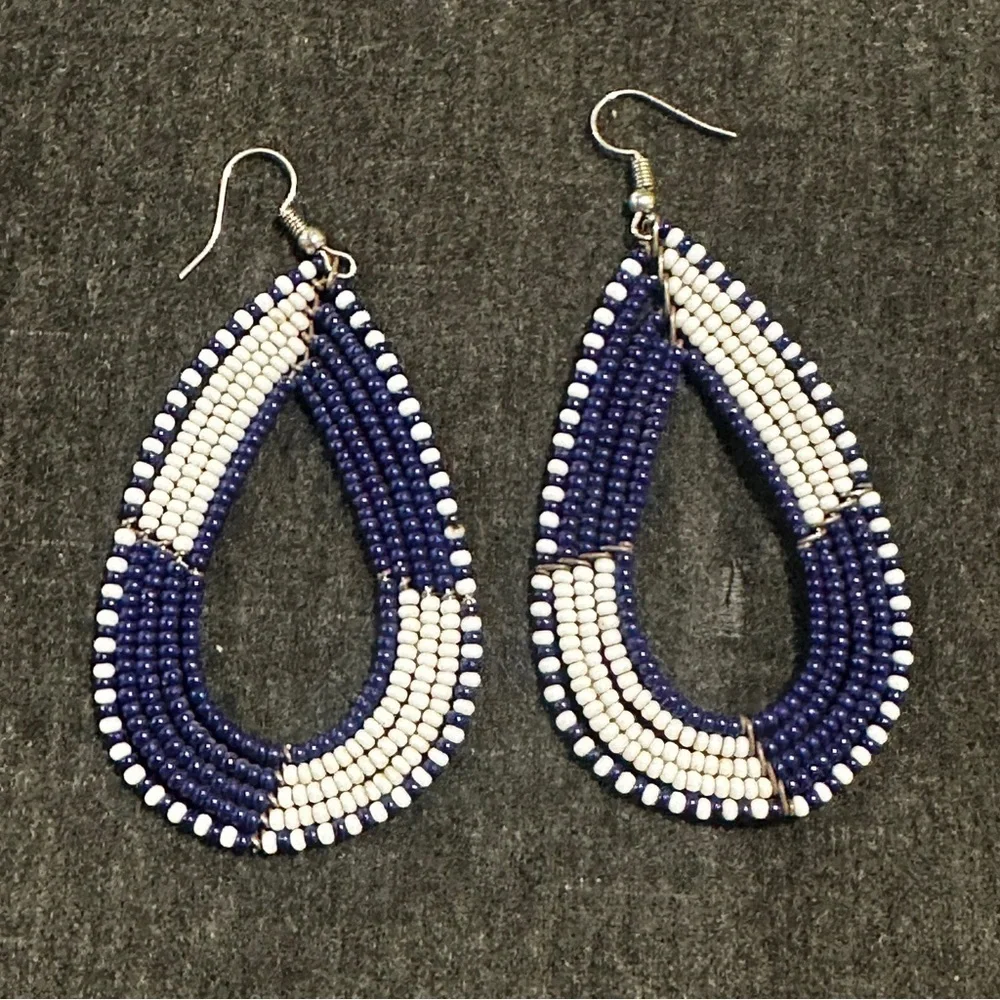 NEW African Handmade Beaded Earrings Blue and White
